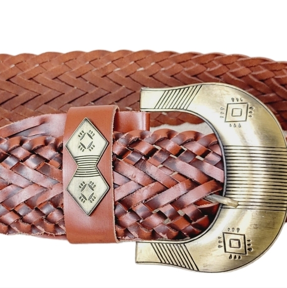 Cabi | Brown Leather Southwestern Bohemian Brass Buckle Wide Woven Braided Belt - Picture 6 of 9